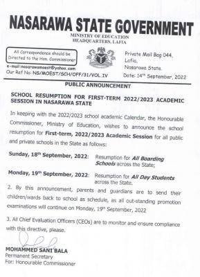 Nasarawa State resumption date for schools