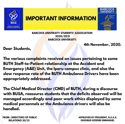 Babcock University Students Association (BUSA) notice to students