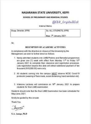 NSUK school of preliminary studies resumption date