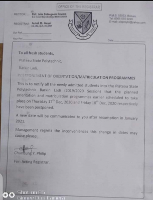 PLAPOLY postpones orientation and matriculation ceremony