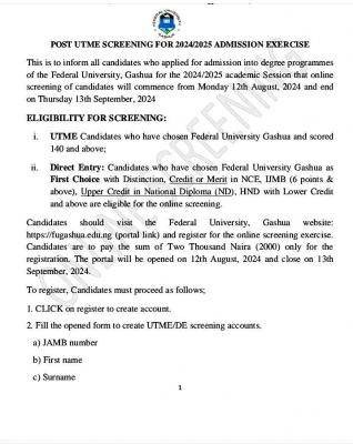 FUGASHUA  Post-UTME/DE 2024: cut-off mark, eligibility and registration details