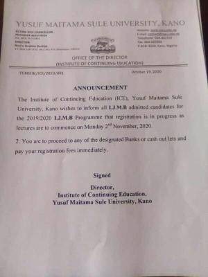Yusuf maitama sule university notice to IJMB students