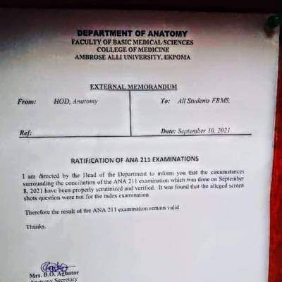 AAU notice on ratification of ANA 211 examination