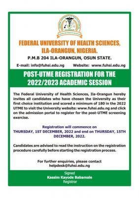 Federal University of Health Sciences Ila-Orangun Post-UTME registration, 2022/2023