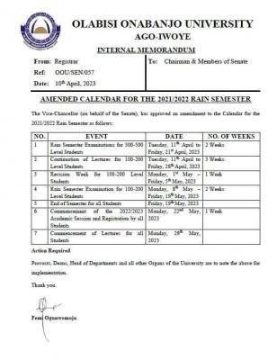 OOU amended academic calendar for Rain Semester, 2021/2022