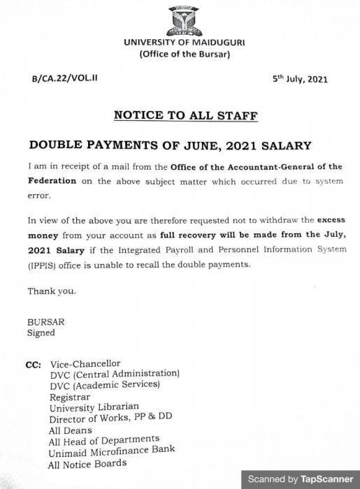 UNIMAID notice on payment of double salaries to staff members