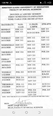 IAUE 1st semester exam timetable for 2019/2020 session (100/200 level students)