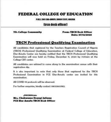 FCE Eha-Amufu issues notice on TRCN exam