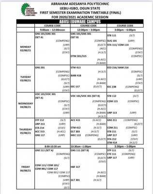 Abraham Adesanya Polytechnic 2020/2021 first semester Examination timetable