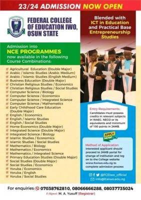 FCE Iwo admission into NCE Programmes, 2023/2024