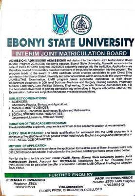 EBSU announces IJMB Admission 2024/2025