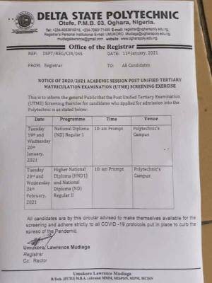 Delta State Polytechnic, Otefe-Oghara Post-UTME/HND screening schedule, 2020/2021