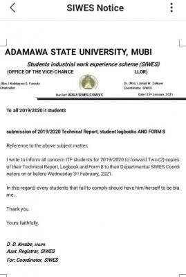 ADSU notice to SIWES students, 2019/2020 session