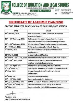 College of Education and Legal Studies, Nguru 2nd semester academic calendar, 2019/2020