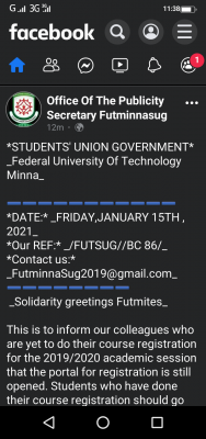 FUTminna SUG notice to students on course registration for 2019/2020 session