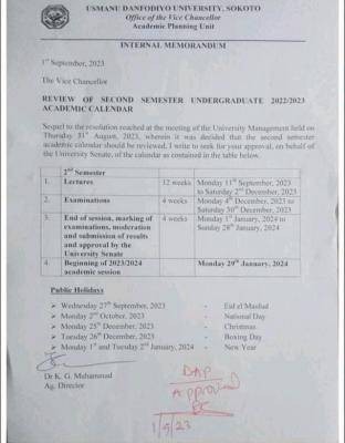 UDUS review of 2nd semester undergraduate academic calendar, 2022/2023