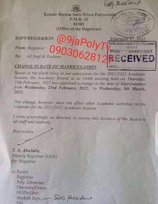 KENPOLY notice on change of matriculation ceremony, 2021/2022