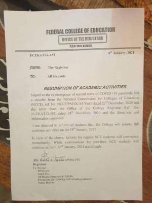 FCE Katsina resumption date