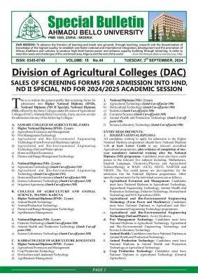 ABU Division of Agricultural Colleges (DAC) admission for 2024/2025 session