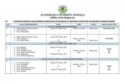 Al-Istiqama University schedule for documents verification and issuance of admission letters, 2022/2023