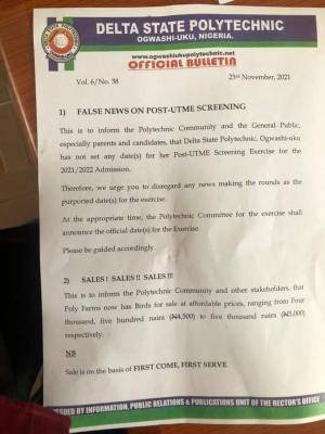 Delta Poly Ogwashiuku notice on false Post-UTME screening date, 2021/2022