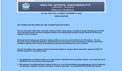 DELSU Vice-Chancellor notice to students as the school resumes