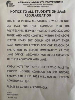 AAPOLY notice to all students on JAMB regularisation