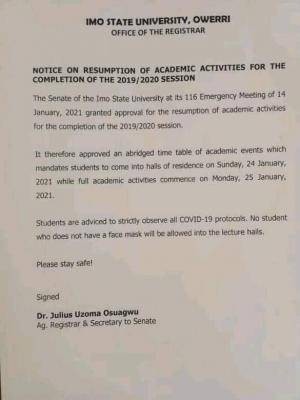 IMSU notice on resumption for completion of 2019/2020 session