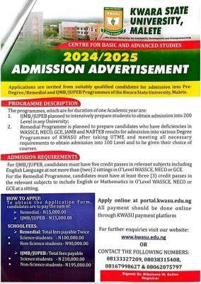 KWASU center for basic and advanced studies, 2024/2025 admission form