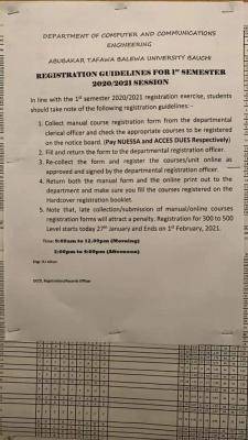 ATBU department of comp. and comm. engr. notice on reg. guidelines for 2020/2021 1st semester