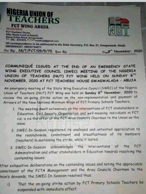 NUT FCT wing, Abuja suspends strike action