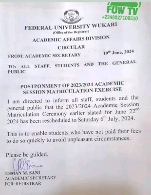 FUWUKARI postpones matriculation ceremony