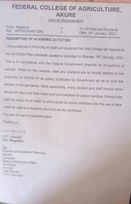 Federal College of Agriculture, Akure resumption notice