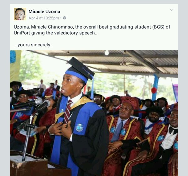 Uzoma Miracle Emerges Uniport Best Graduating With cgpa Of 4.82