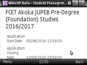 FCET Akoka JUPEB Pre-Degree (Foundation) Studies 2016/2017