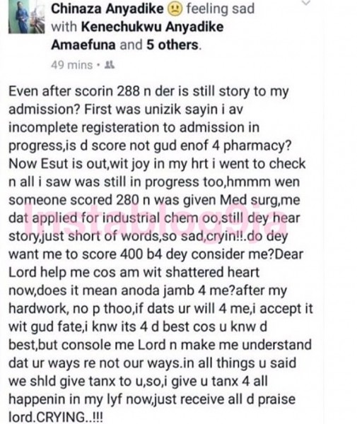 See What A Heartbroken Girl Wrote After Failing To Secure An Admission