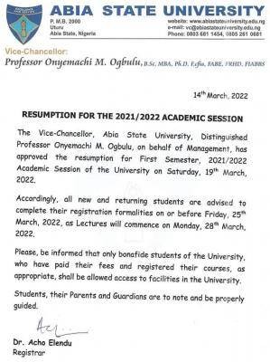 ABSU announces resumption of academic activities, 2021/2022