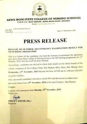 Akwa Ibom State College of Nursing Sciences ND entrance exam results, 2024/2025