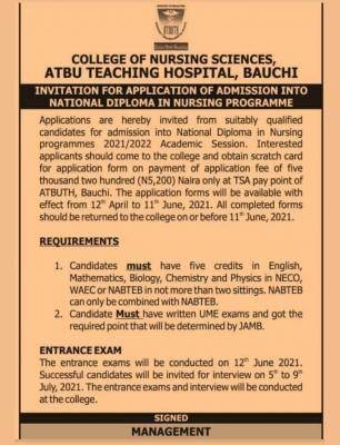 ATBUTH College of Nursing admission form, 2021/2022