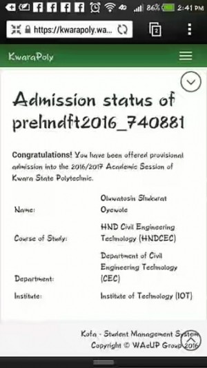 Kwara Poly HND Admission List 2016/2017 Released