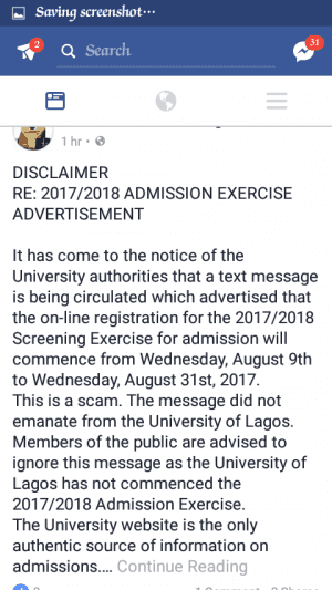 UNILAG Releases A Disclaimer on Admission Screening Exercise 2017/2018