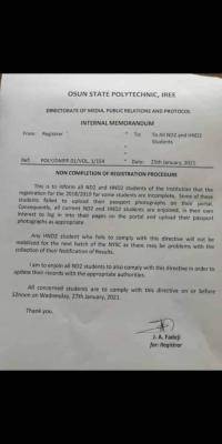 OSOPOLY notice to ND2 & HND2 students yet to complete registration for 2018/2019 session