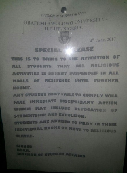 OAU Suspends All Religious Activities In Halls Of Residence