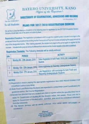 BUK Registration Calendar For 2017/2018 Academic Session