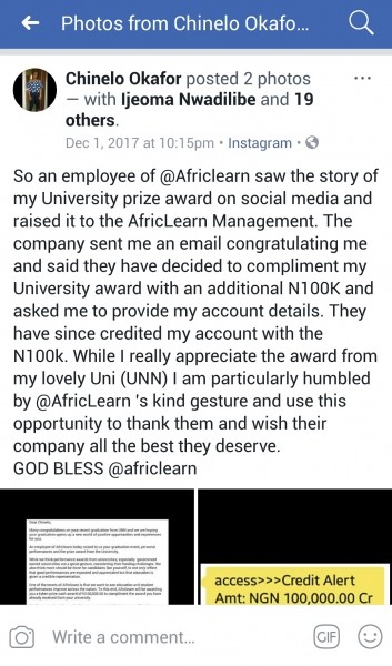 Chinelo Okafor Receives N100,000 From AfricLearn For Making First Class In UNN