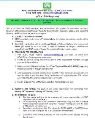 KUST Wudil Post-UTME/DE 2020: Cut-off mark, Eligibility and Registration Details