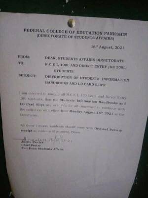 FCE Pankshin notice to students on ID card slip & handbooks