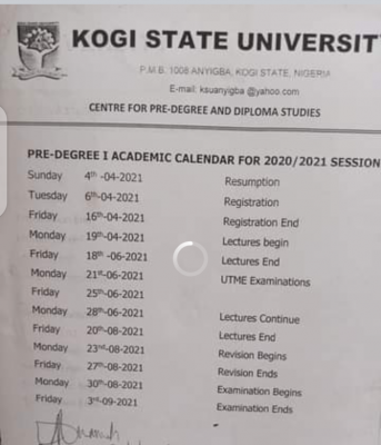 Kogi State University Pre-degree academic calendar for 2020/2021 session