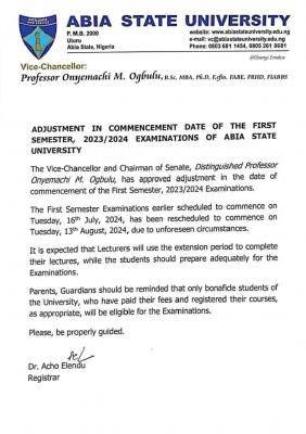 ABSU adjustment in the commencement of 1st semester exam, 2023/2024