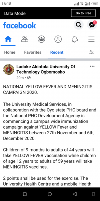 LAUTECH launches campus wide yellow fever and meningitis campaign